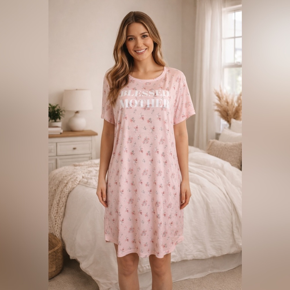 Elizabeth & Nicole Sleepwear Nightgown 1X 2X Ribbed Pink Floral “Blessed Mother”